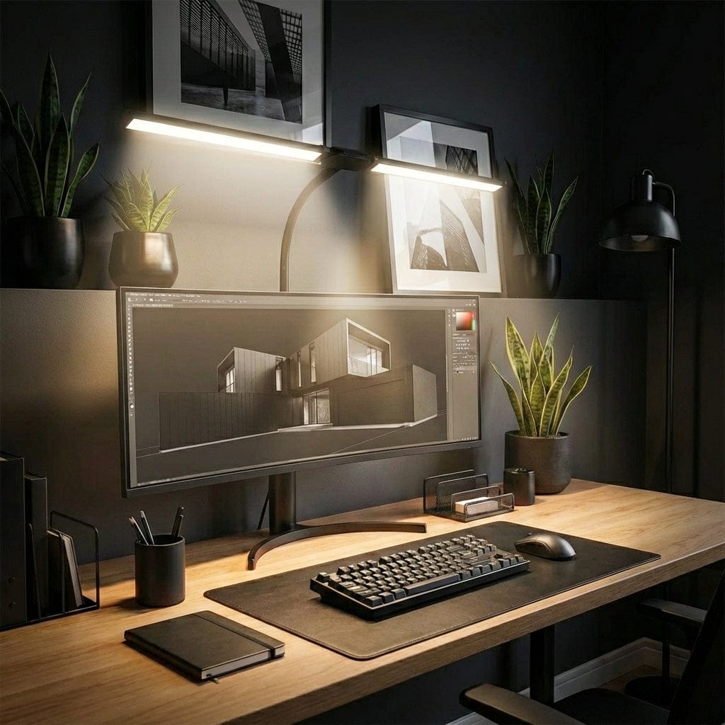 Lampe de Bureau VOLTZ à double tête LED installée sur un bureau moderne avec écran ultra-large.