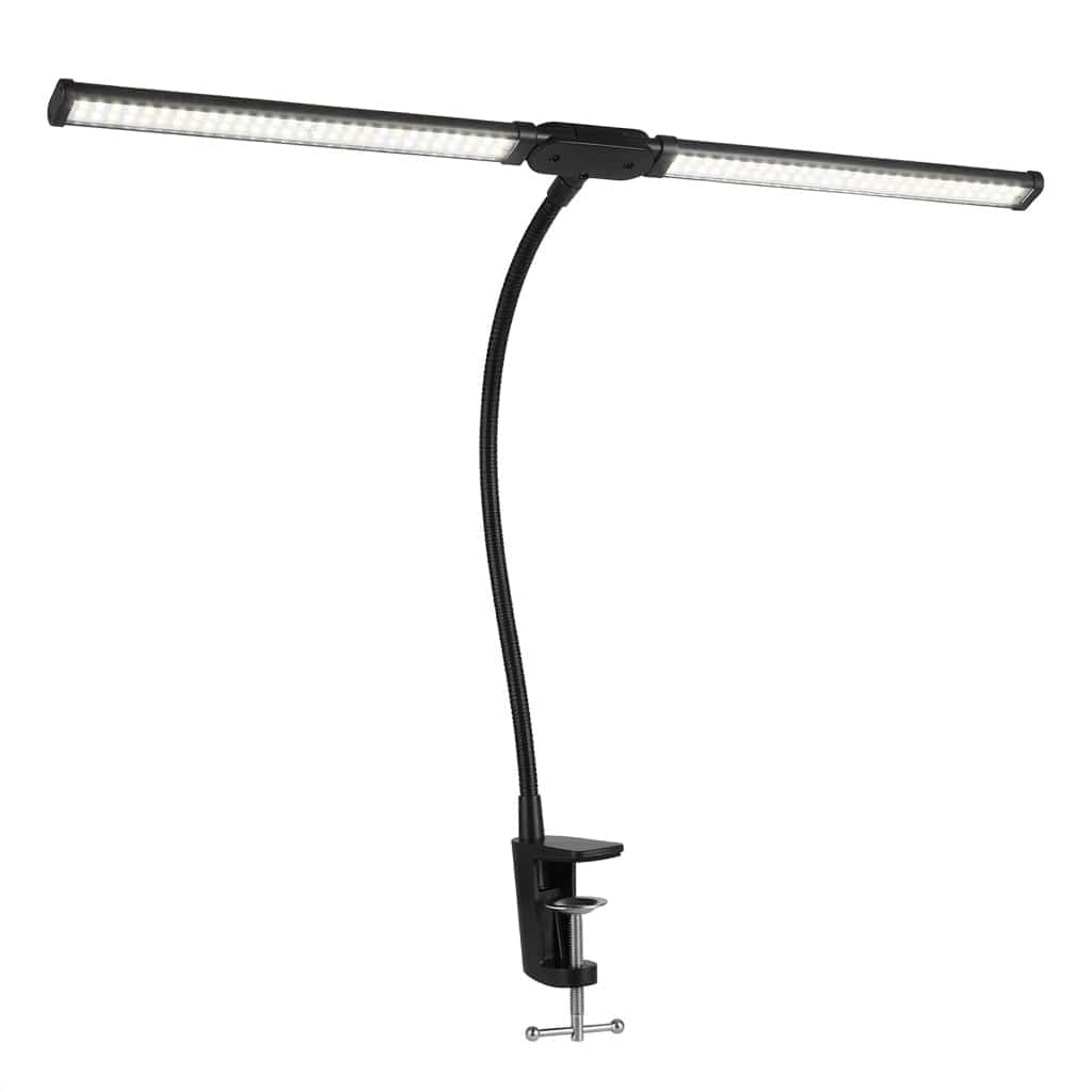Lampe de Bureau VOLTZ noire avec double tête LED et col de cygne flexible sur fond blanc.