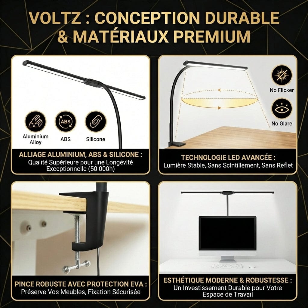 Détails de conception de la Lampe de Bureau VOLTZ : alliage aluminium, silicone et pince de protection EVA.