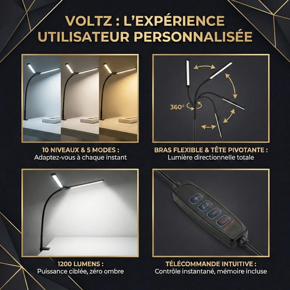 Caractéristiques de la Lampe de Bureau VOLTZ : 10 niveaux de luminosité, 5 modes et bras flexible 360 degrés.