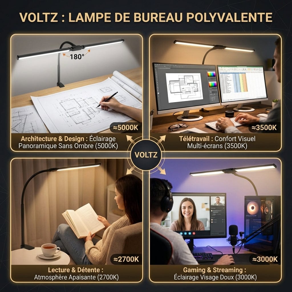Exemples d'utilisation de la Lampe de Bureau VOLTZ pour l'architecture, le télétravail, la lecture et le gaming.