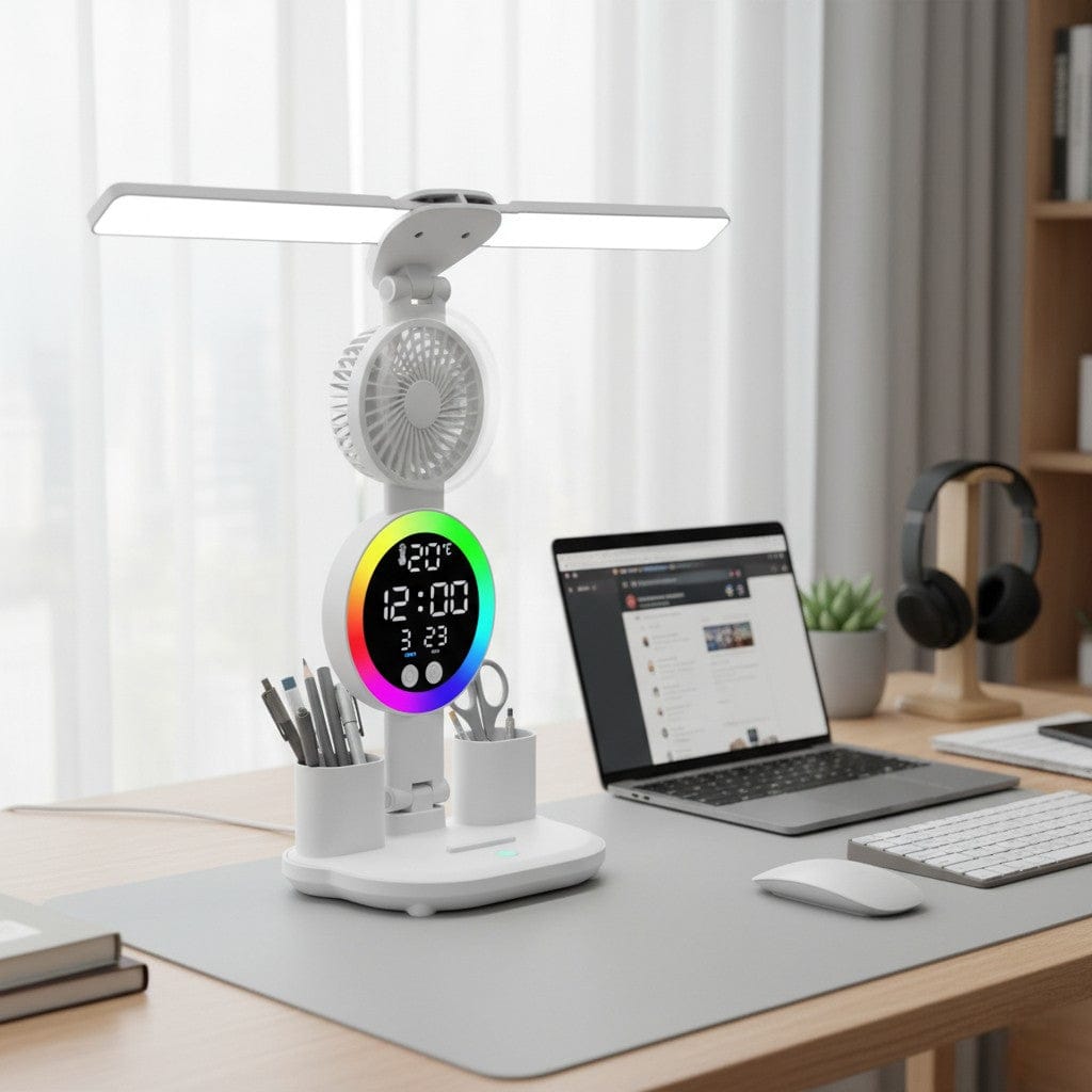 Lampe de Bureau LED Multifonction Avec Ventilateur et Horloge