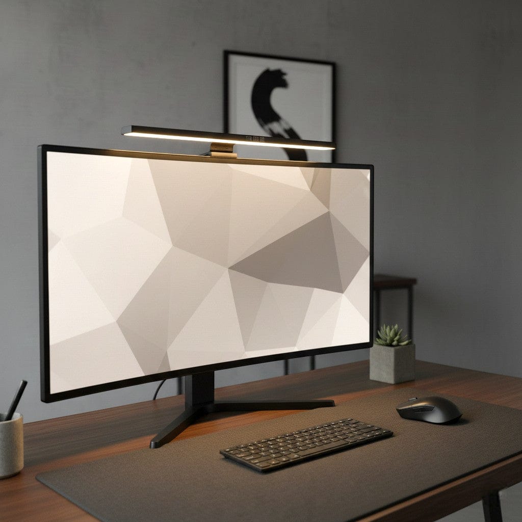 Lampe LED dorée fixée au-dessus d'un écran d'ordinateur sur bureau avec tapis gris foncé clavier et souris dans un espace de travail minimaliste avec mur gris et cadre noir