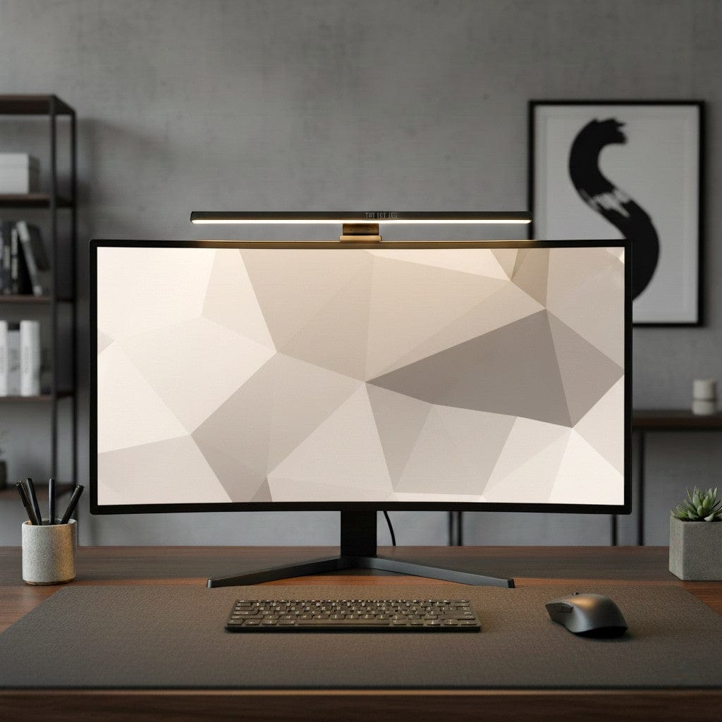 Barre LED d'éclairage d'écran bronze fixée sur moniteur dans un bureau moderne avec étagère noire pot à crayons clavier souris et plante succulente sur tapis de bureau gris