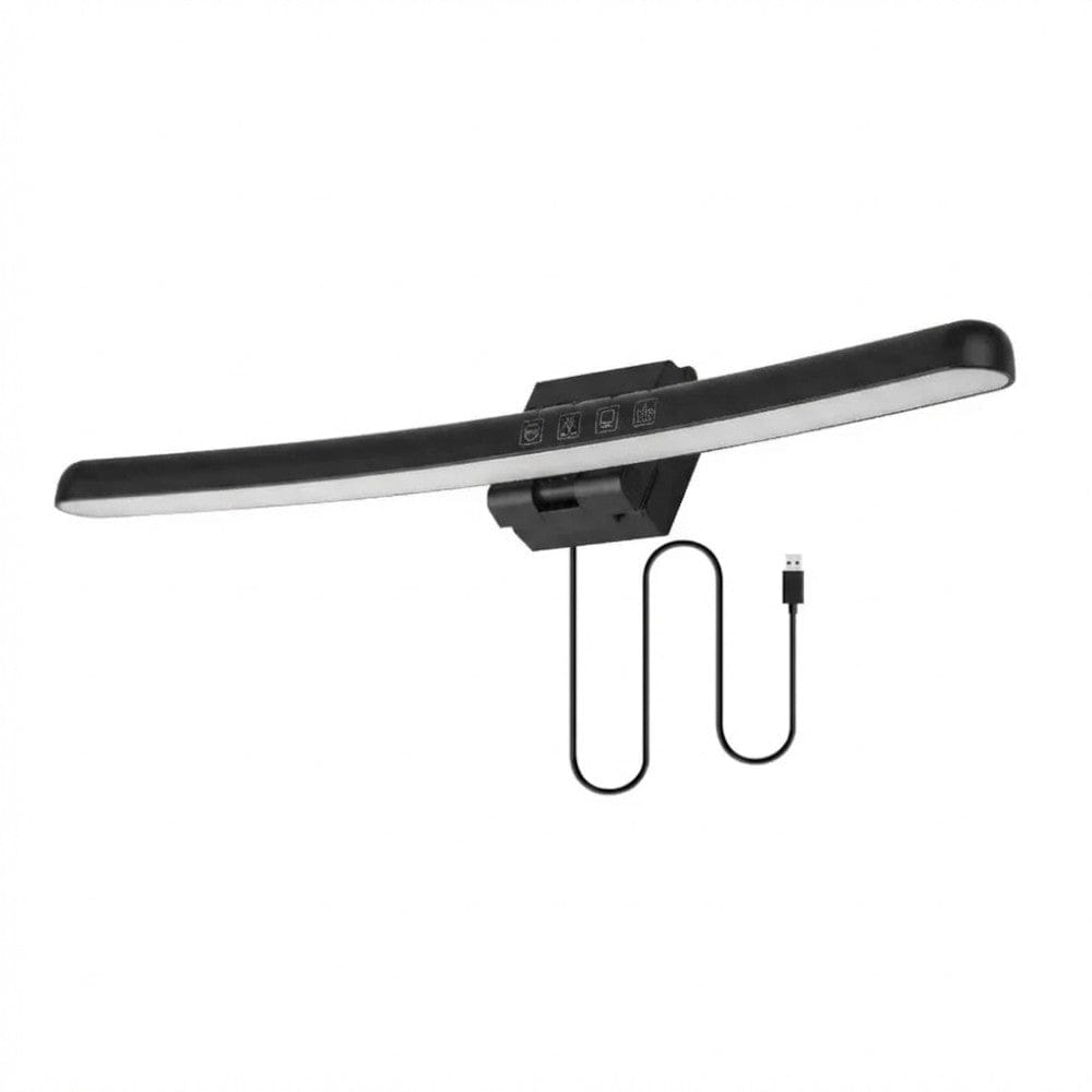 Vue de la Lampe de Bureau Screenbar Tactile CURVEX 40cm avec son câble d'alimentation USB et son corps incurvé noir.