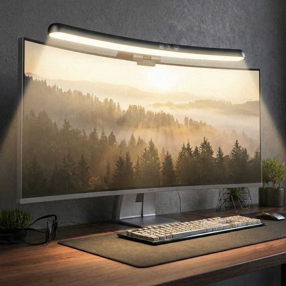 Lampe de Bureau Screenbar Tactile CURVEX 40cm installée sur un moniteur incurvé offrant un éclairage sans reflet.