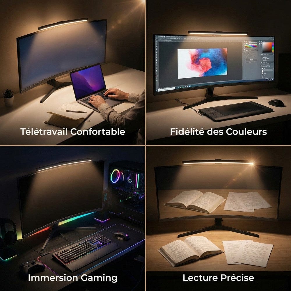 Lampe de bureau Screenbar Tactile CURVEX 40cm utilisée pour le télétravail, le gaming, la lecture et le design graphique.