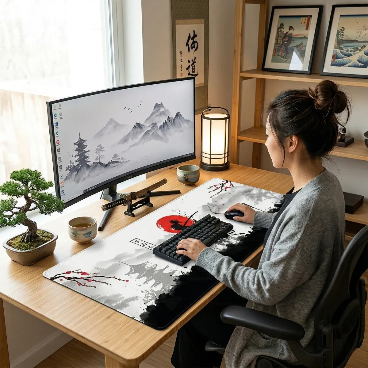 Femme travaillant sur un bureau équipé du tapis de souris Bushido Glide XXL dans une ambiance décorative japonaise.