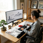 Femme travaillant sur un bureau équipé du tapis de souris Bushido Glide XXL dans une ambiance décorative japonaise.
