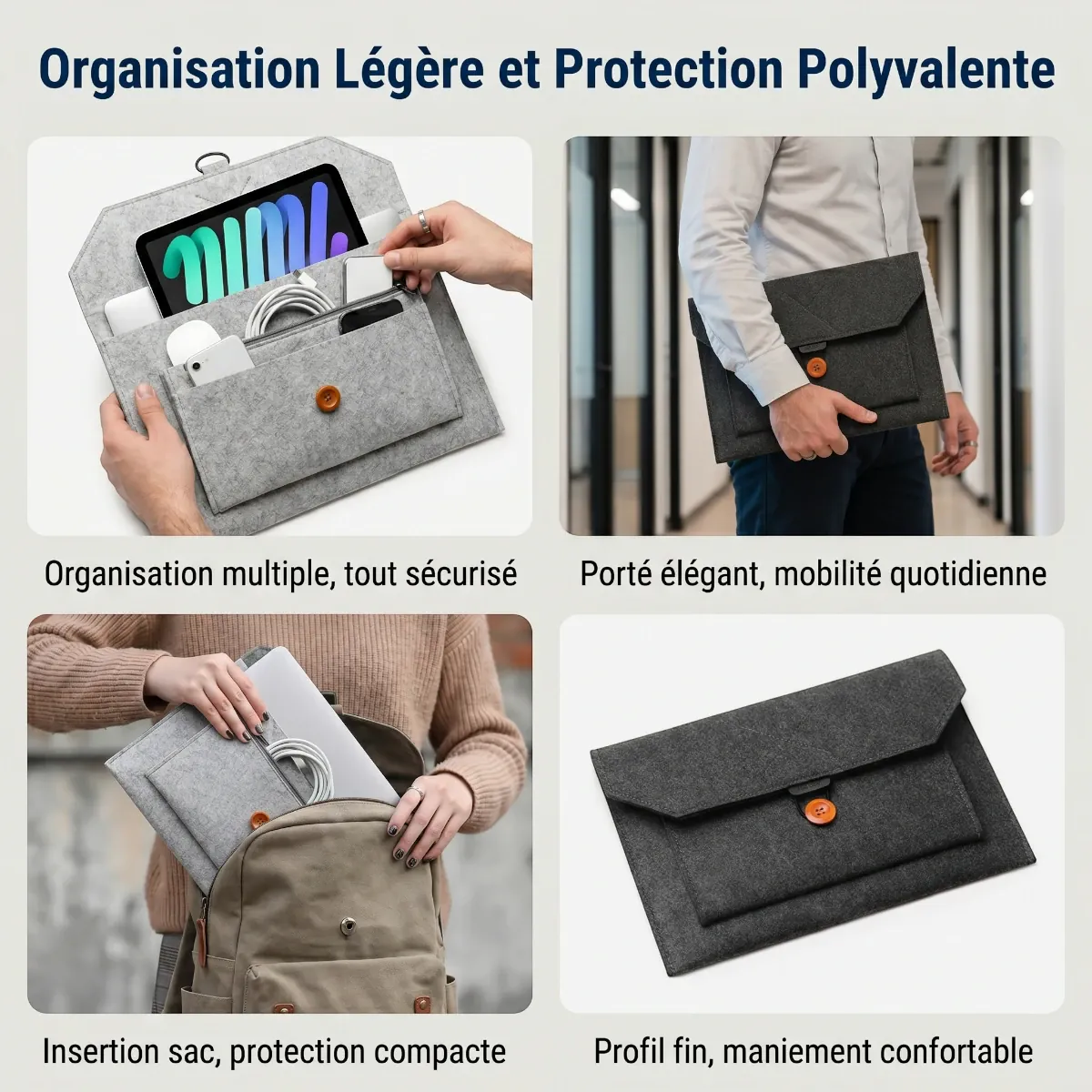 Quatre situations d'utilisation nomade et professionnelle de la pochette ordinateur Ace Coat