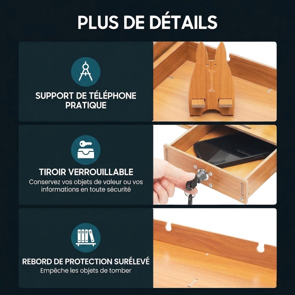 Infographie détaillée des fonctionnalités du rehausseur d'écran Ligna Pro, montrant le support de téléphone en bois, le tiroir verrouillable avec clé et le rebord de protection surélevé pour le bureau.