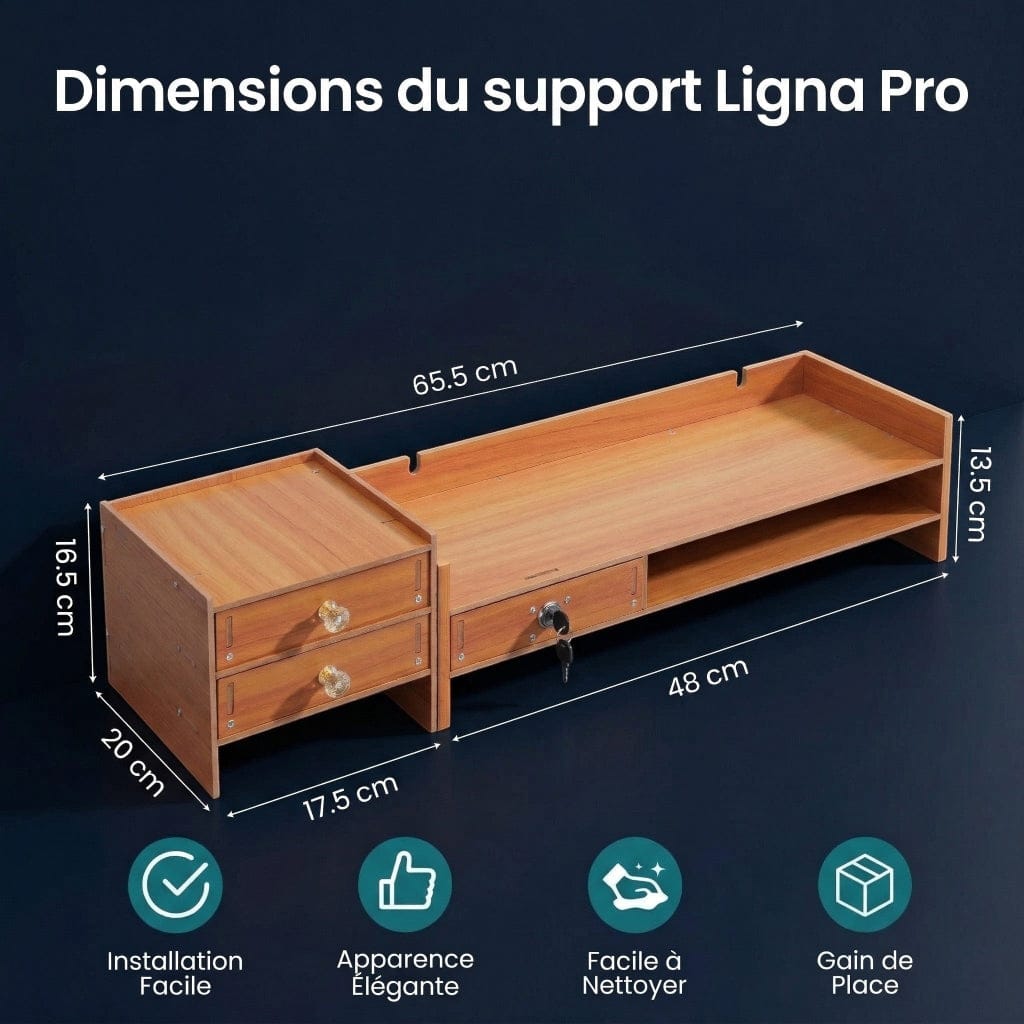 Rehausseur d'écran d'ordinateur en bois Ligna Pro avec dimensions détaillées (65,5 cm) et icônes des principales fonctionnalités (installation facile, apparence élégante, facile à nettoyer, gain de place).
