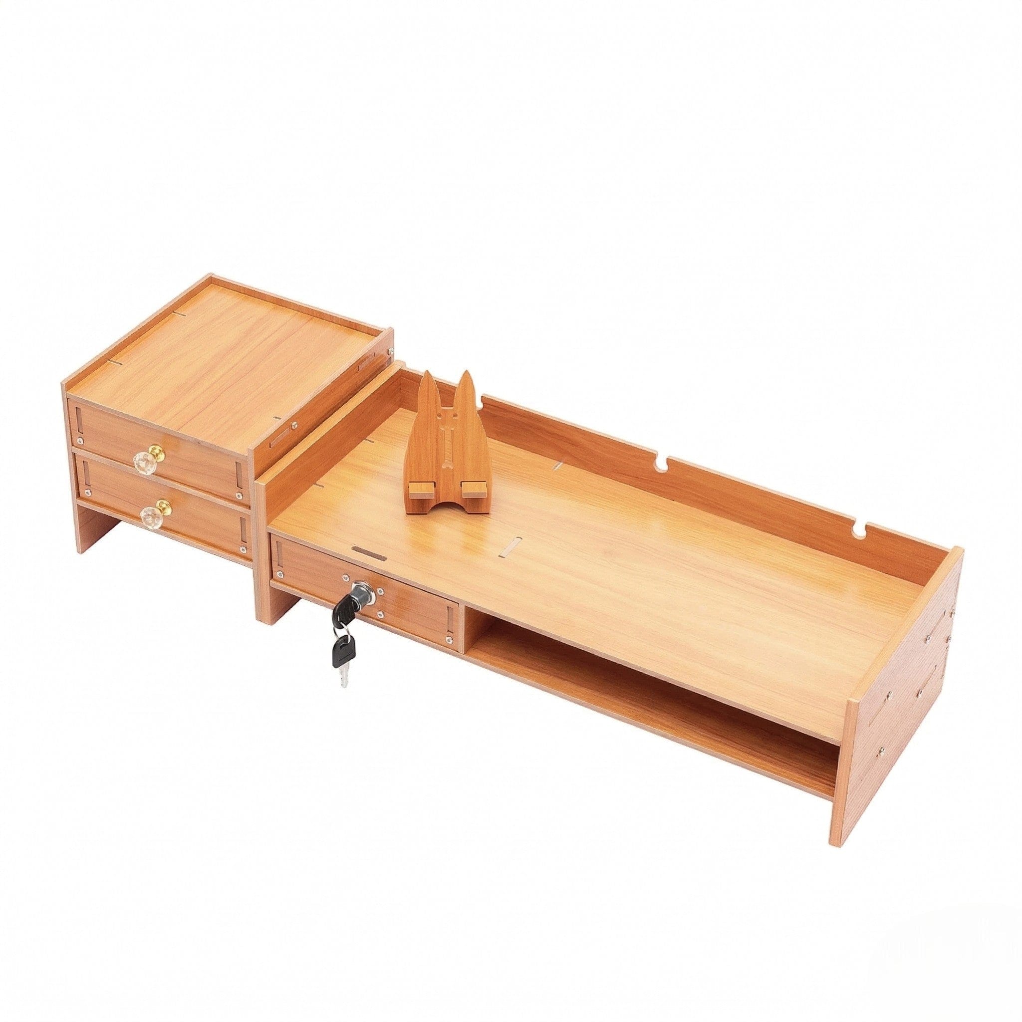 Vue d'ensemble du produit rehausseur d'écran Ligna Pro isolé sur fond blanc, montrant le support de téléphone en forme de lapin, les tiroirs en cristal et le tiroir verrouillable avec clé insérée.