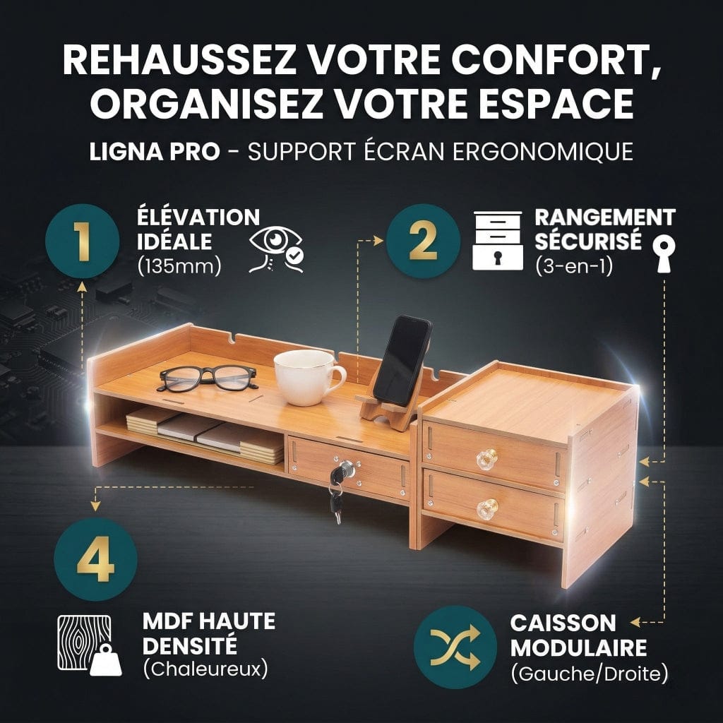 Infographie promotionnelle du rehausseur d'écran ergonomique Ligna Pro, soulignant ses avantages : élévation idéale de 135 mm, rangement sécurisé 3-en-1, MDF haute densité et caisson modulaire.
