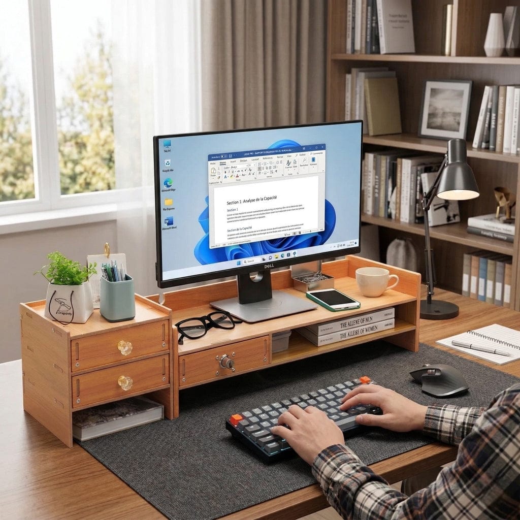 Rehausseur d'écran d'ordinateur Ligna Pro utilisé dans un bureau à domicile élégant et organisé, avec un moniteur Dell, un clavier mécanique, une plante en pot et des accessoires de bureau sur un tapis de souris gris.