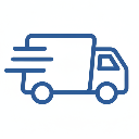 Icône de camion de livraison bleu signifiant la livraison gratuite sans frais cachés.