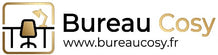 Logo de www.bureaucosy.fr. À gauche, une icône carrée aux coins arrondis encadrée en or brillant contenant un bureau, une chaise de bureau contemporaine or-marron et une lampe de bureau or brillant. À droite, le nom de la marque "Bureau Cosy" en police sans-serif, avec "Bureau" en noir et "Cosy" en or brillant. En dessous du nom, l'URL "www.bureaucosy.fr" est inscrite en police sans-serif noire plus petite.