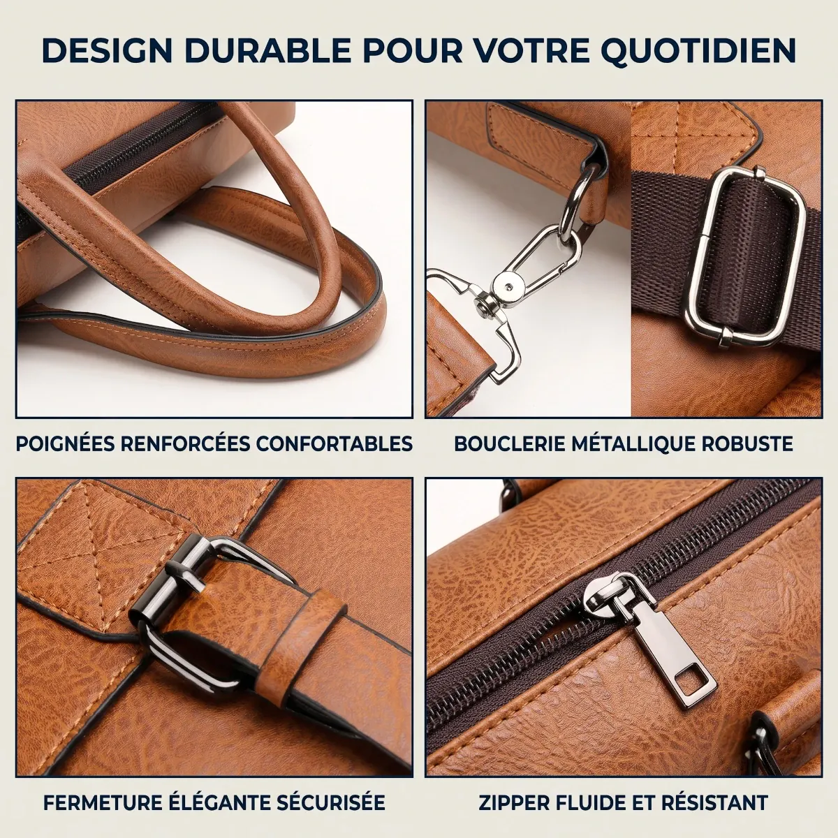 Gros plans techniques de la mallette Bifolio : poignées renforcées, bouclerie métallique robuste, fermetures et zippers de qualité.
