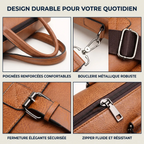 Gros plans techniques de la mallette Bifolio : poignées renforcées, bouclerie métallique robuste, fermetures et zippers de qualité.