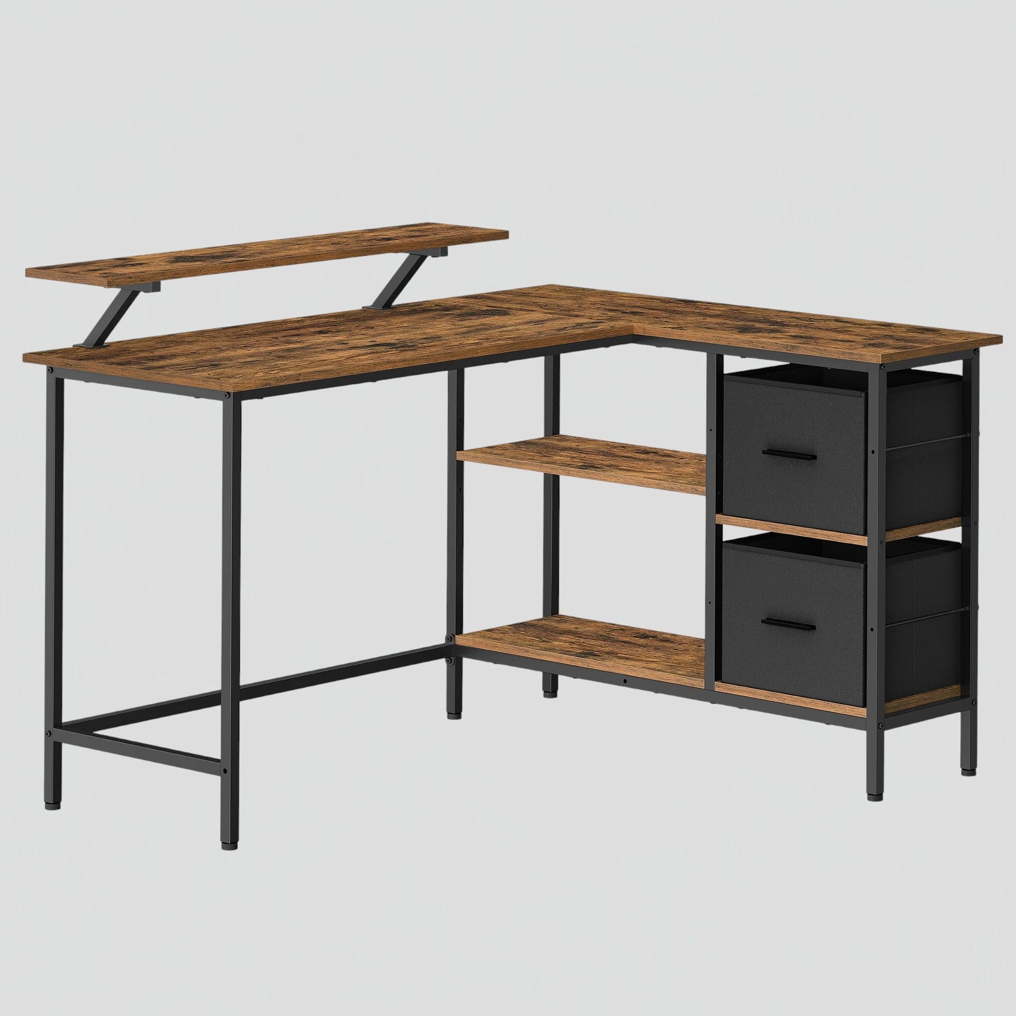 Marron Bureau d'Angle avec Rangements et Support Écran Ergonomique - Configuration en L Réversible