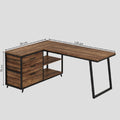 Marron Bureau d'Angle en L avec 3 Tiroirs et Étagères - Station de Travail Industrielle 135 cm