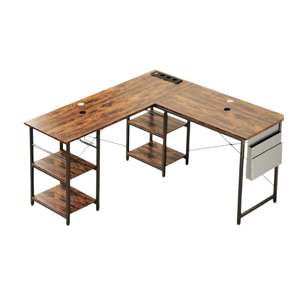 Marron Bureau d'Angle Industriel 140/230 cm avec Rangements et Hub Électrique Intégré
