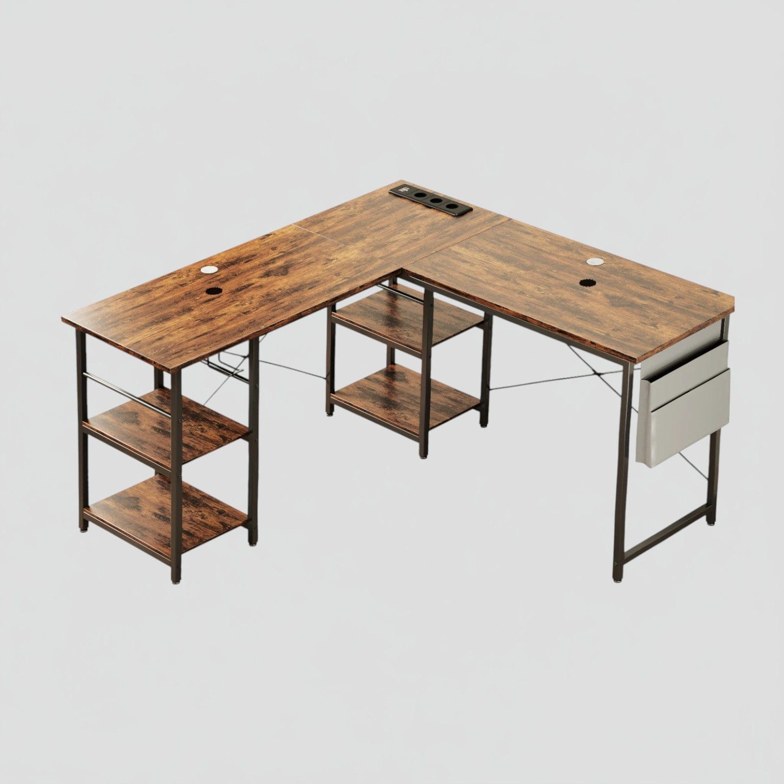 Marron Bureau d'Angle Industriel 140/230 cm avec Rangements et Hub Électrique Intégré