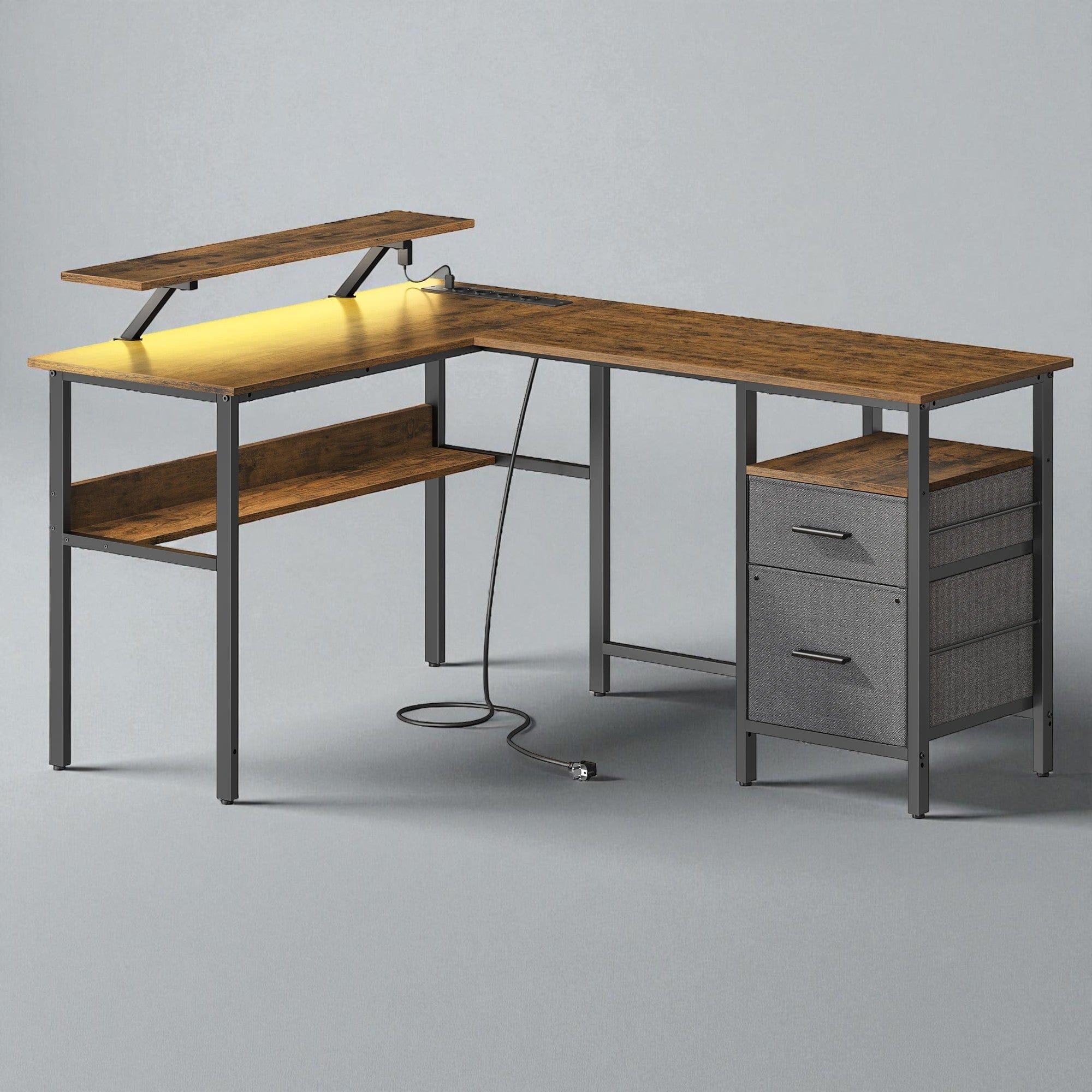 Marron Bureau Gaming LED en Forme de L avec Prises Intégrées et Support Moniteur Ergonomique