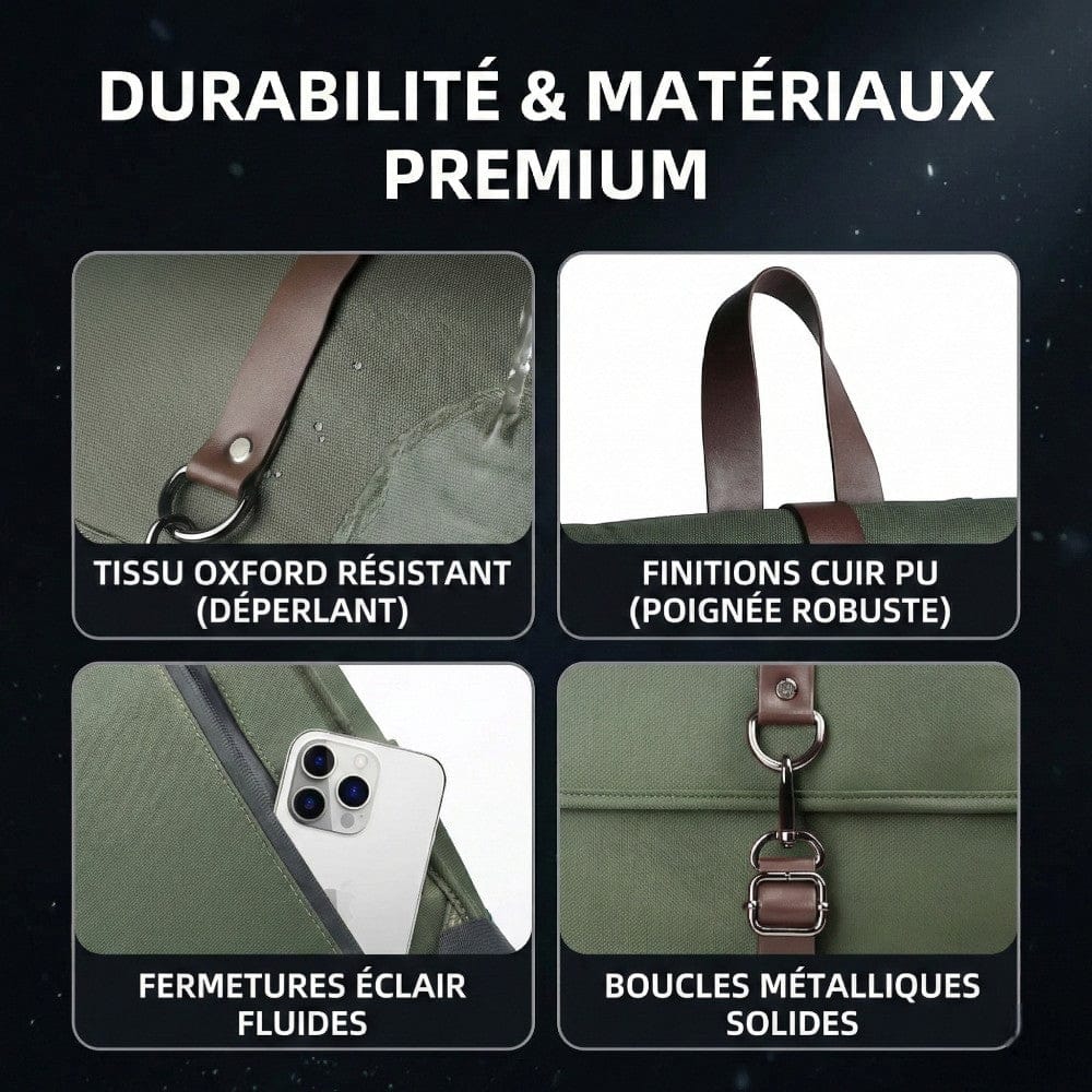 Gros plan sur le tissu Oxford déperlant et les boucles métalliques du sac à dos HK-SHAPE.