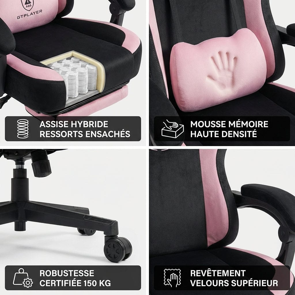 Gros plan sur le revêtement en velours et la mousse à mémoire de forme de la chaise Neko-Pro.