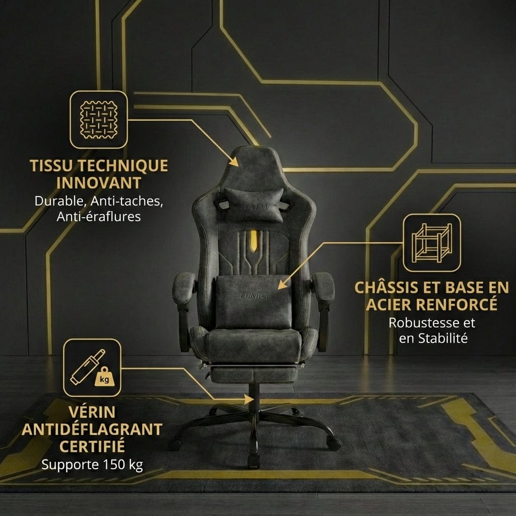 Zoom sur le tissu technique innovant et le châssis en acier renforcé de la Chaise Ergonomique OMEGA-VIBE.