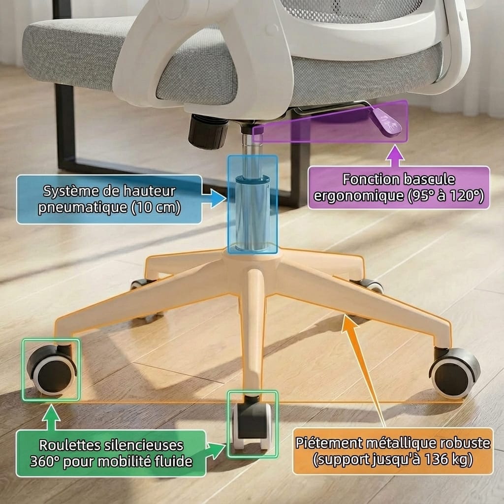 Base d'un fauteuil de bureau montrant son mécanisme de réglage. L'image met en avant le système de hauteur pneumatique de 10 cm, la fonction bascule ergonomique de 95° à 120°, les roulettes silencieuses pivotant à 360° et le piétement métallique robuste supportant jusqu'à 136 kg