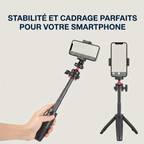 Comparaison des quatre hauteurs télescopiques du mini trépied 3-en-1 rouge (15cm à 27cm)