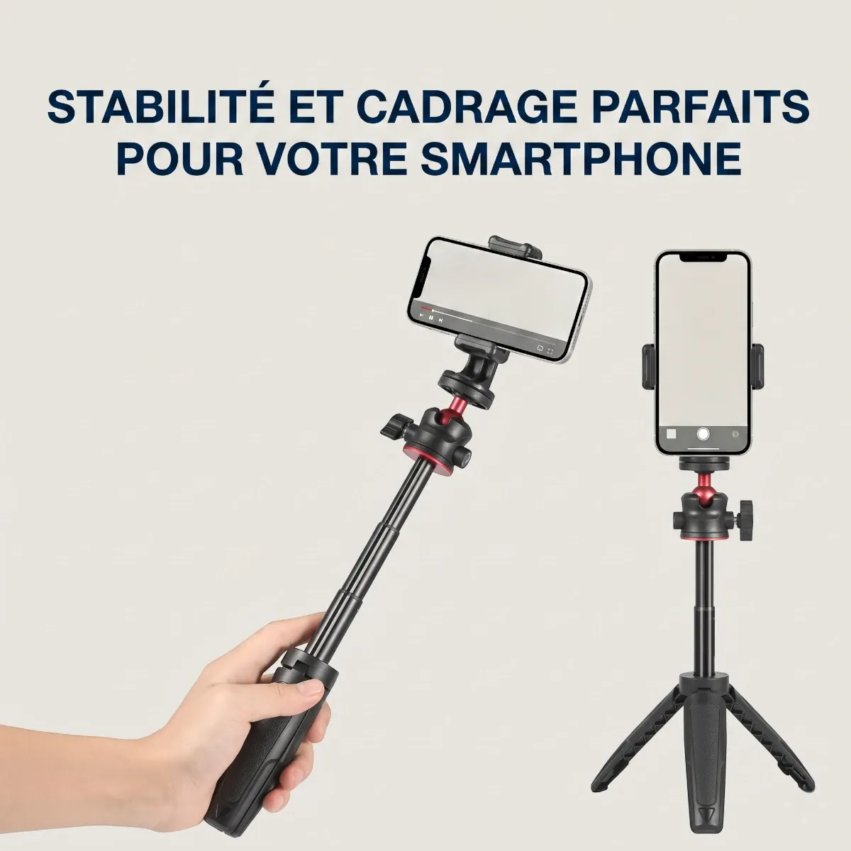 Comparaison des quatre hauteurs télescopiques du mini trépied 3-en-1 rouge (15cm à 27cm)