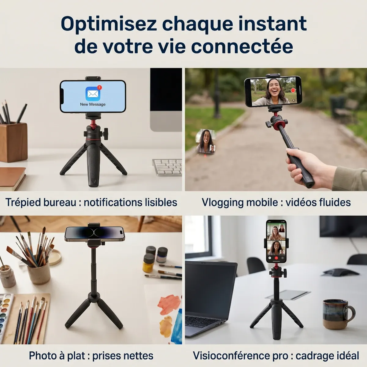 Mini trépied télescopique 3-en-1 rouge utilisé comme perche selfie pour vlogging mobile