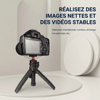 Mini trépied télescopique 3-en-1 rouge supportant une caméra reflex Canon DSLR en studio