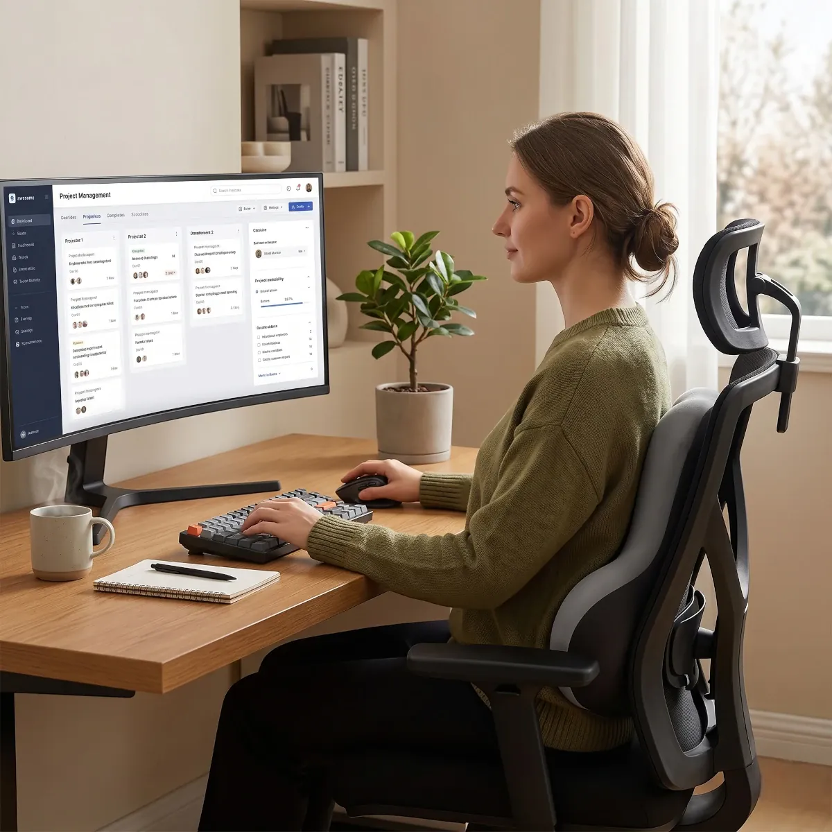 Femme en télétravail utilisant le soutien dorsal MorphoSpine Pro pour maintenir un alignement vertébral optimal.