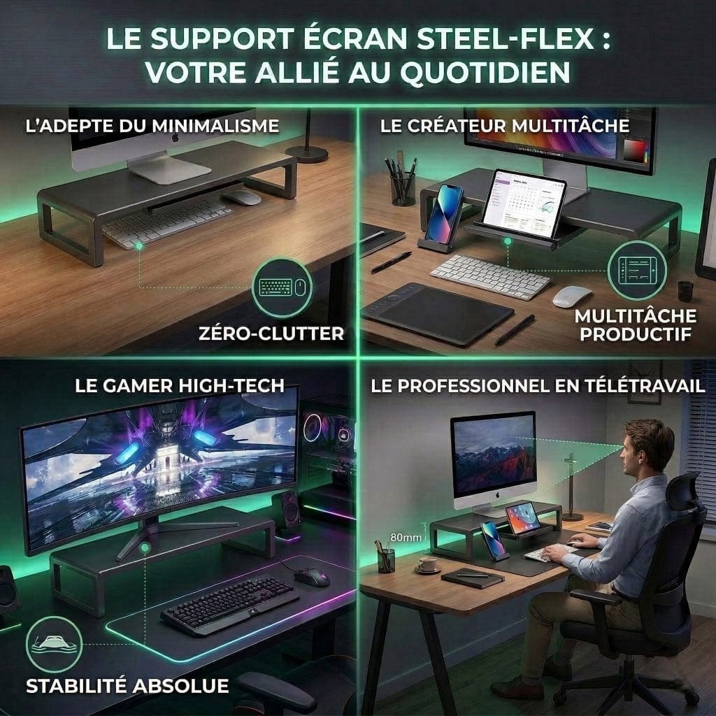 Composition visuelle montrant le support Steel-Flex dans quatre contextes d'utilisation : minimaliste, créatif, gamer et télétravail.