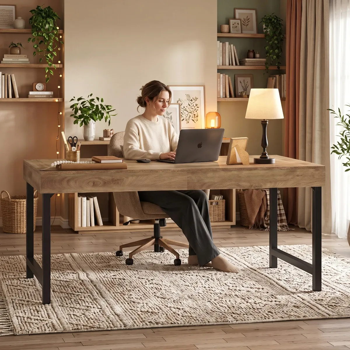 Femme travaillant sur son ordinateur portable sur le bureau en bois TimberForge
