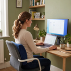 Femme en situation de télétravail utilisant le coussin lombaire L-Core pour un confort d'assise ergonomique.