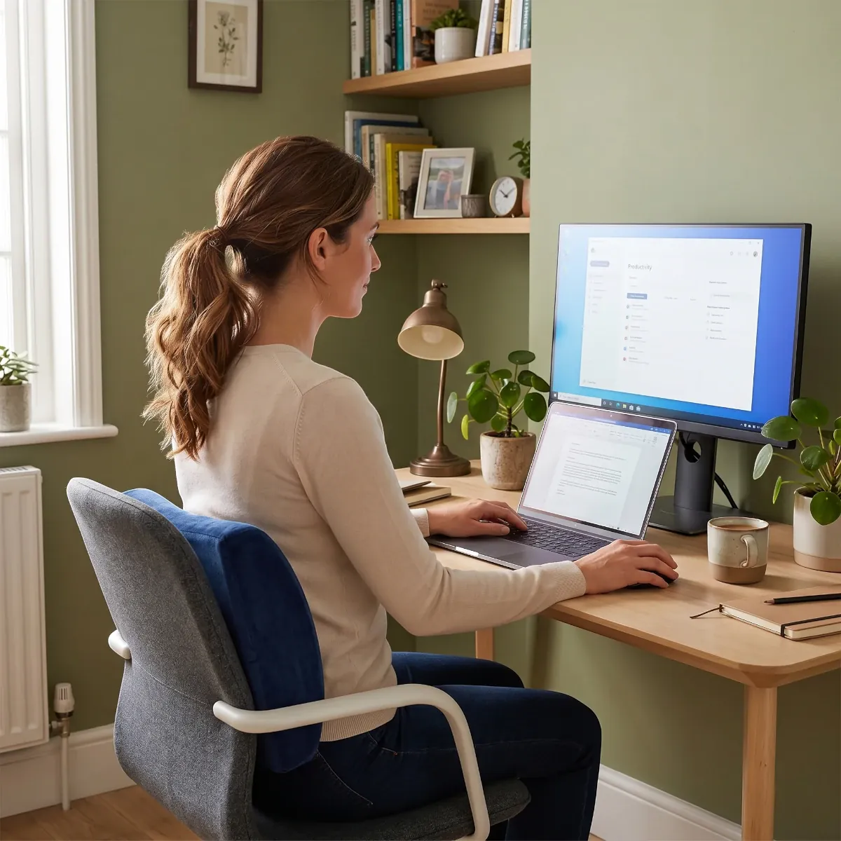 Femme en situation de télétravail utilisant le coussin lombaire L-Core pour un confort d'assise ergonomique.
