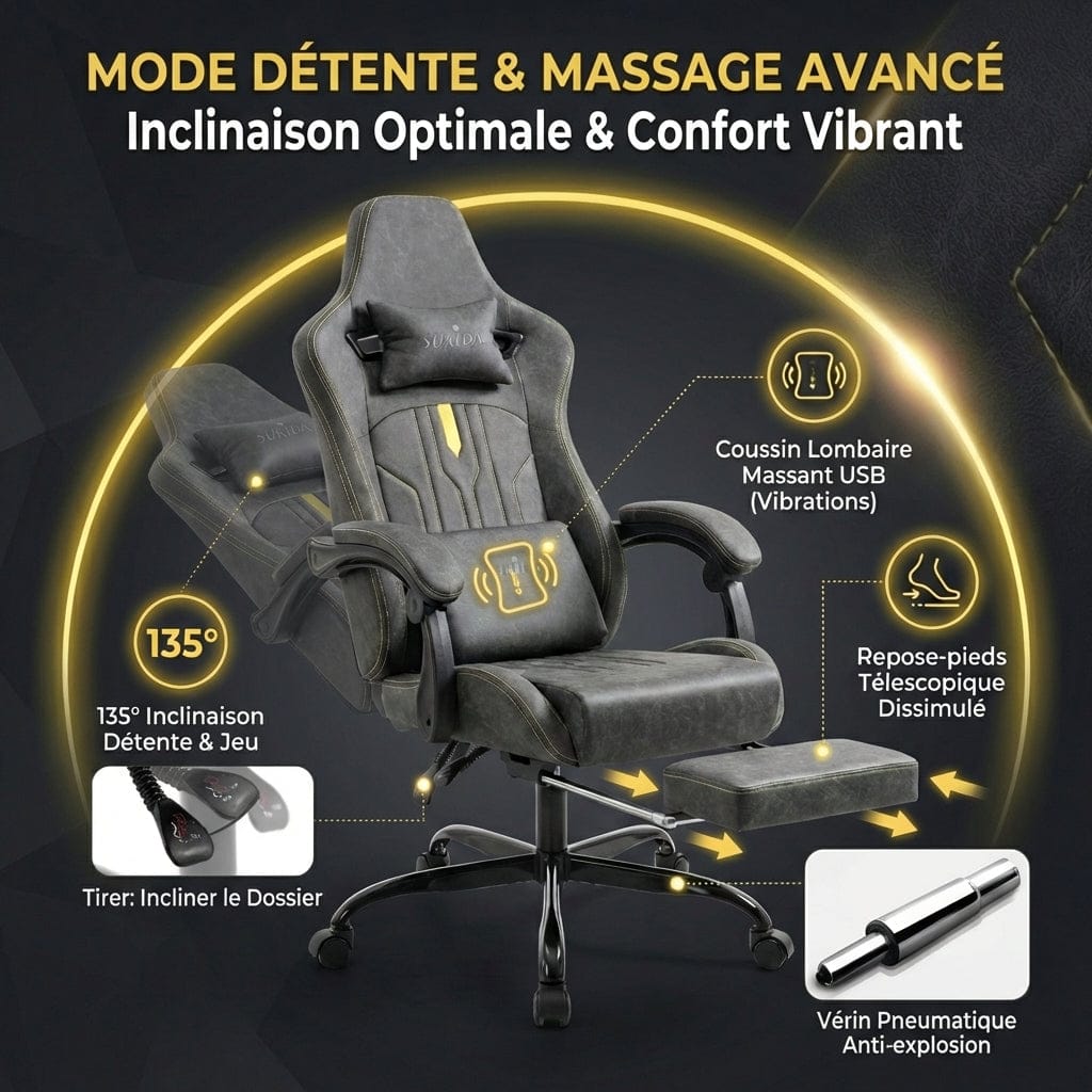 Présentation du mode détente de la Chaise Ergonomique OMEGA-VIBE avec inclinaison à 135 degrés et confort massant.