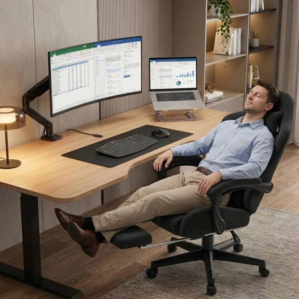Homme relaxé en position inclinée avec repose-pieds déployé sur la chaise GTPLAYER.
