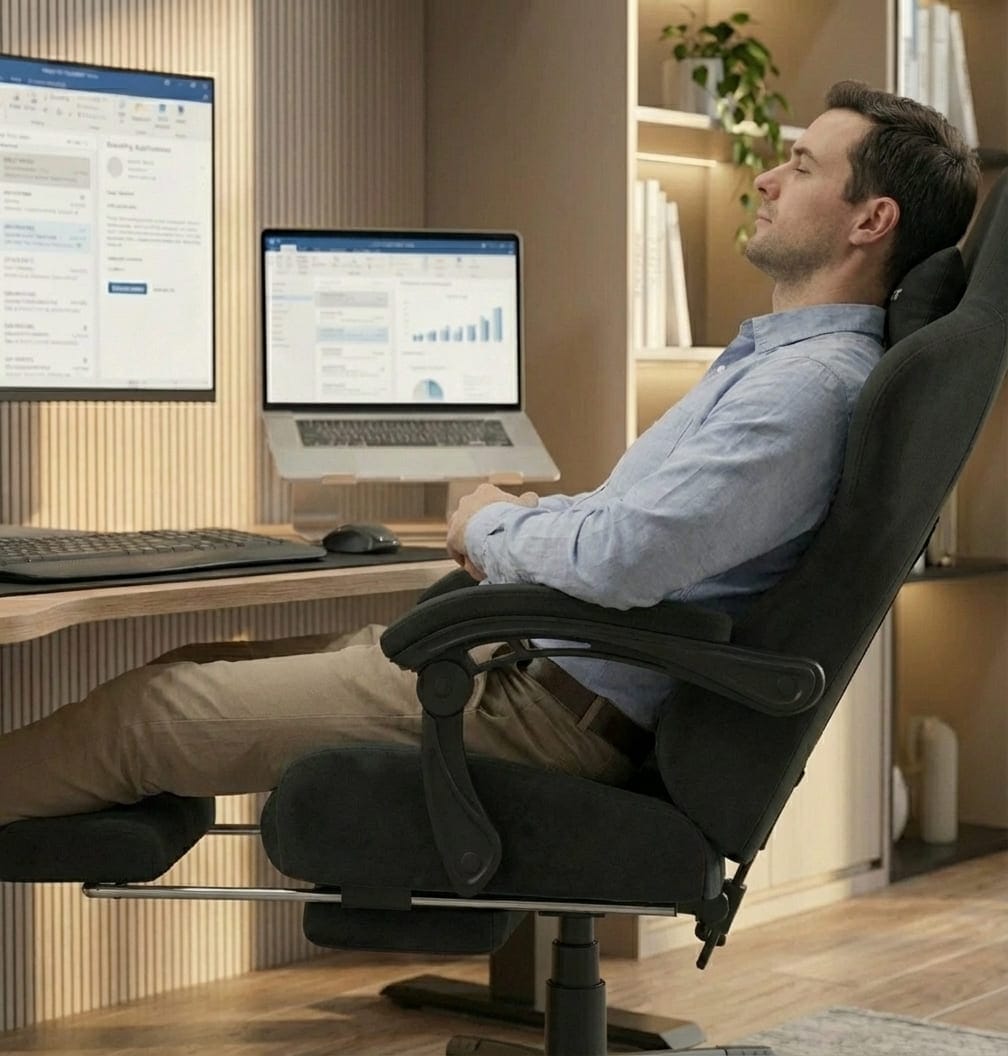 Homme relaxé en position inclinée avec repose-pieds déployé sur la chaise GTPLAYER.
