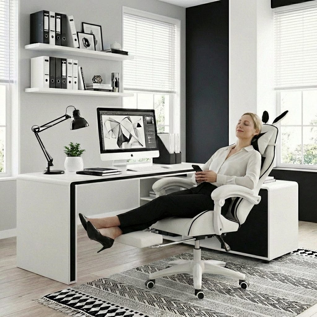 Femme se relaxant avec le repose-pieds déployé sur la chaise ergonomique BunnyComfort.