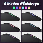 Détail des 6 modes d'éclairage LED RGB colorés intégrés sur le rebord d'un bureau de gaming assis debout à manivelle manuelle pour une ambiance personnalisée.