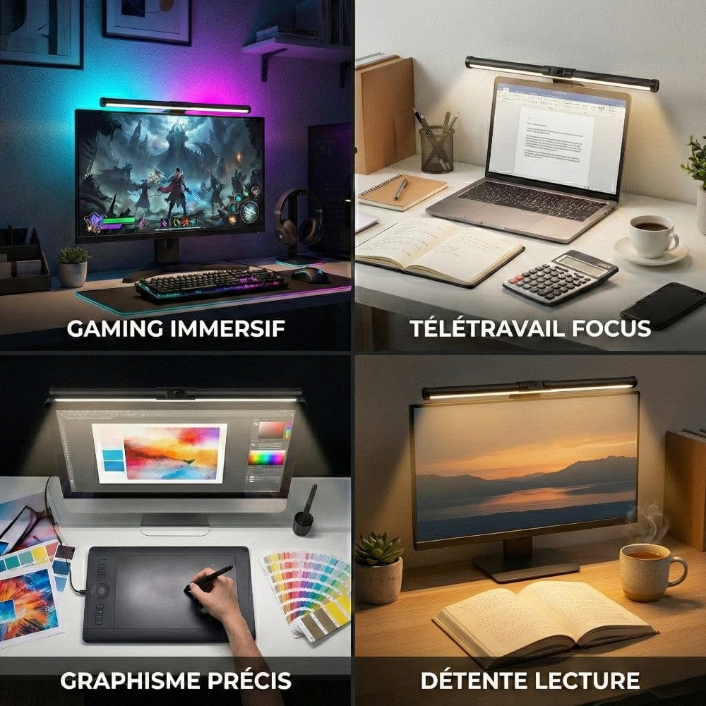 Quatre scénarios d'utilisation de la lampe CHROMAX : gaming immersif, télétravail, graphisme de précision et lecture.