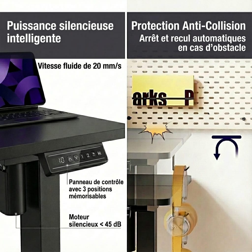 Panneau de contrôle intelligent avec 3 mémoires de position et moteur silencieux < 45 dB pour bureau réglable.