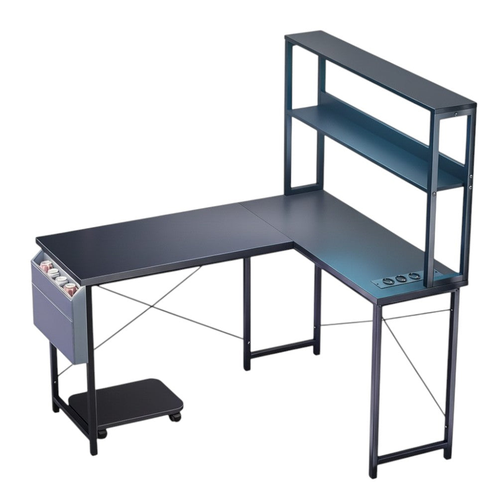Noir Bureau d'Angle en L 148 cm avec Éclairage LED RGB et Rangements Intégrés