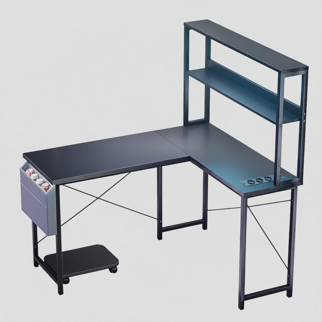 Noir Bureau d'Angle en L 148 cm avec Éclairage LED RGB et Rangements Intégrés